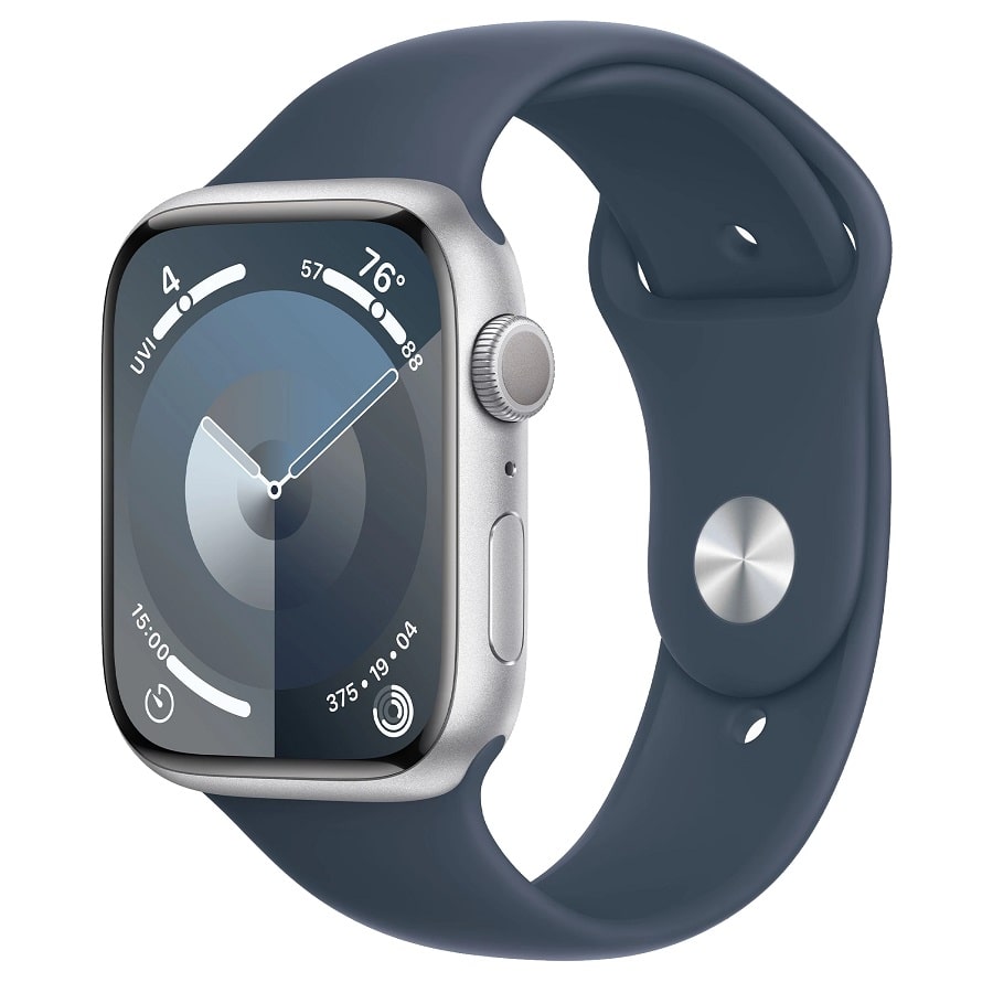 Apple Watch Series 9 GPS 45mm Silver Aluminum Case w. Storm Blue Sport Band - S/M (MR9D3)