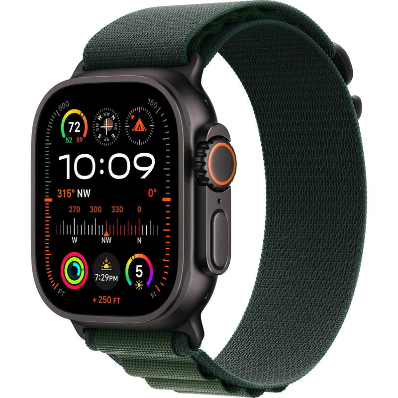 Apple Watch Ultra 2 2024 GPS + Cellular 49mm Black Titanium Case with Dark Green Alpine Loop - Medium