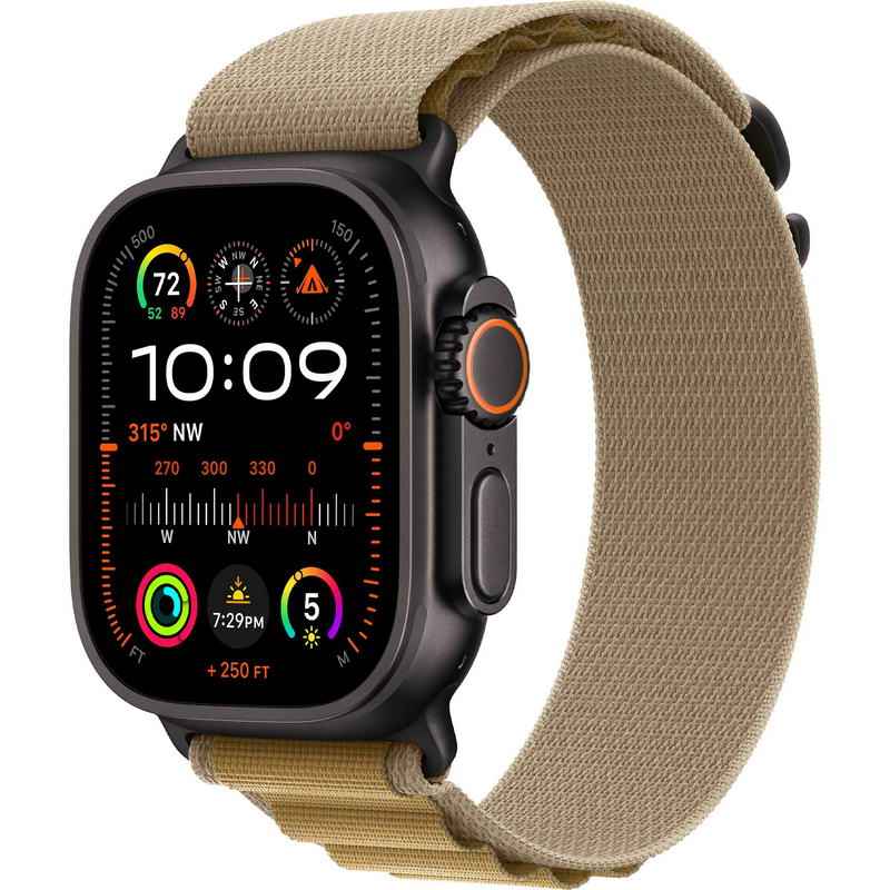 Apple Watch Ultra 2 2024 GPS + Cellular 49mm Black Titanium Case with Tan Alpine Loop - Medium