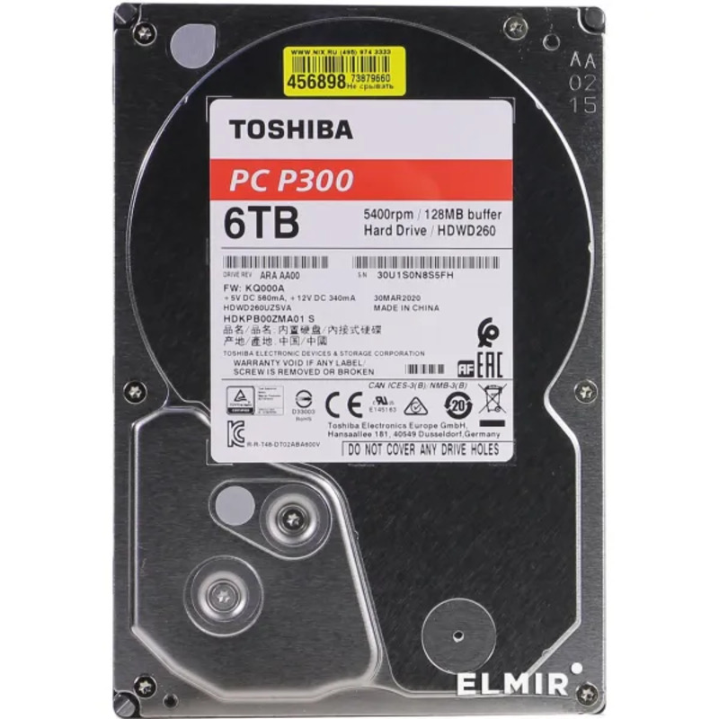 Внутренний накопитель HDD SATA 6.0TB Toshiba P300 5400rpm 128MB (HDWD260UZSVA)