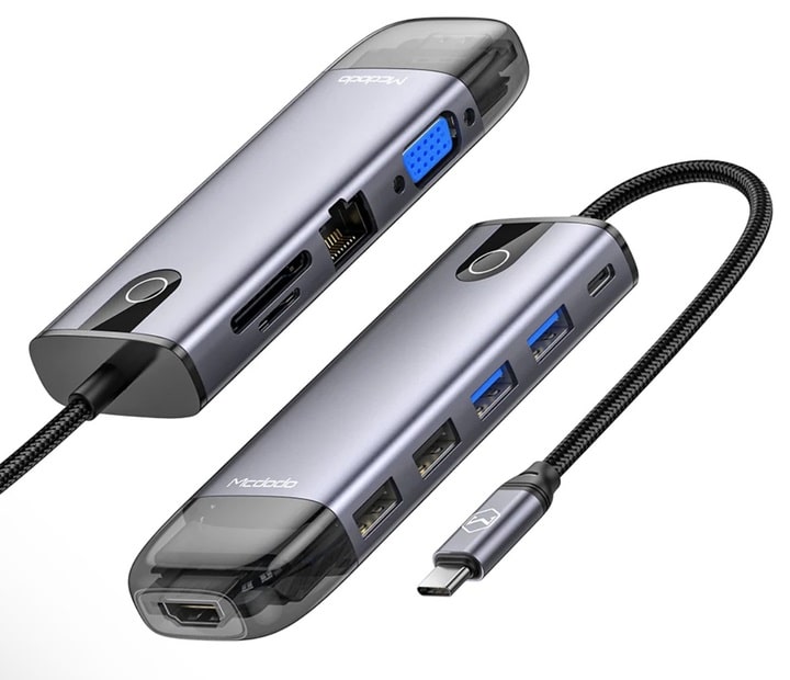 HUB Mcdodo [HU-7420] 10in1 USB-C to 2xUSB3.0+2xUSB2.0+VGA+HDMI+RJ45+SD/Micro SD+PD 100W (Grey)