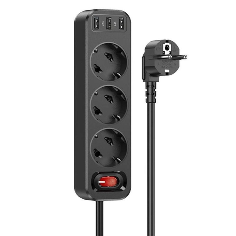 Мережевий фільтр Hoco NS2 (3 розетки + 3 USB) 1.8m - black